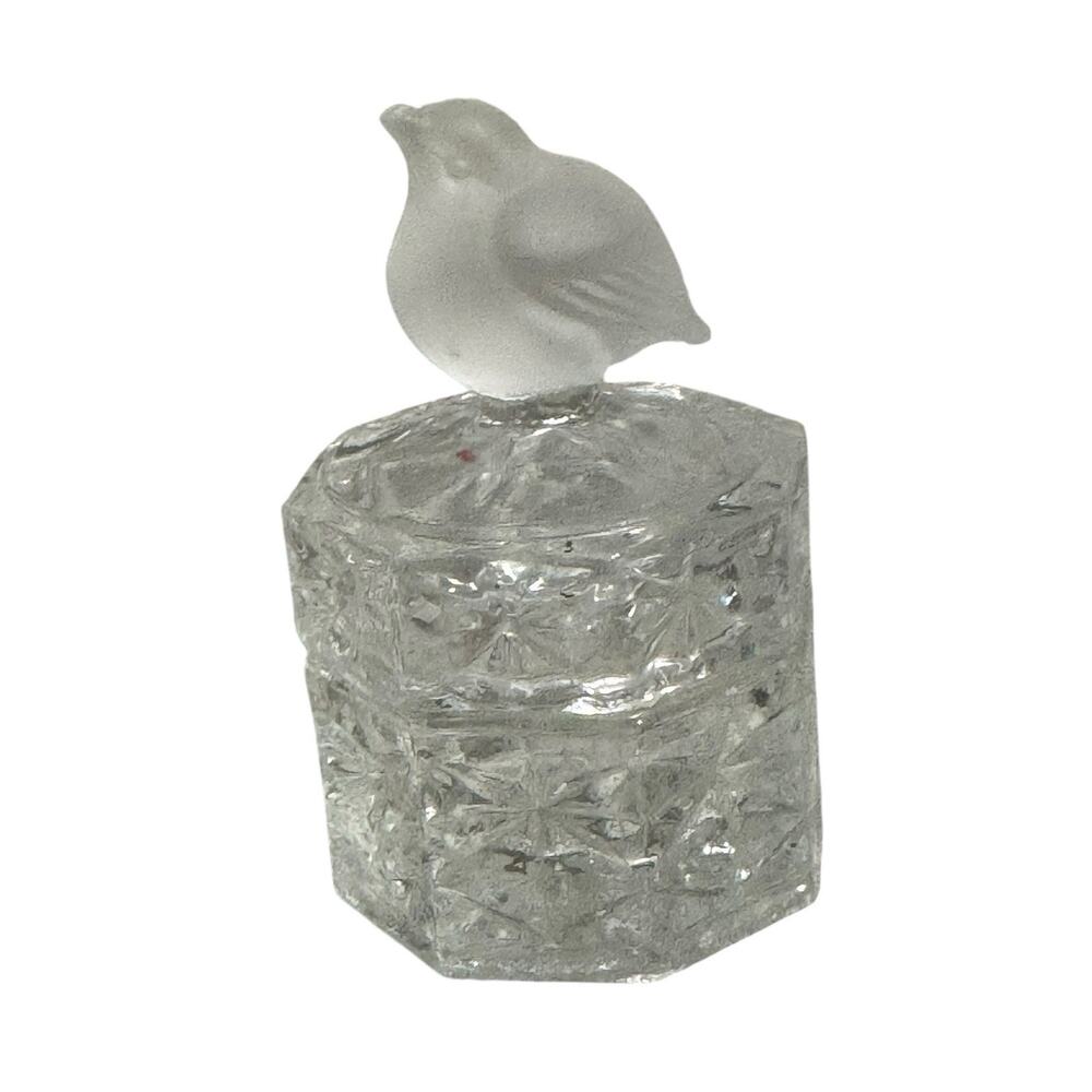 Glass Trinket Jewelry Box with Frosted Bird on Lid Made In Taiwan Vintage
